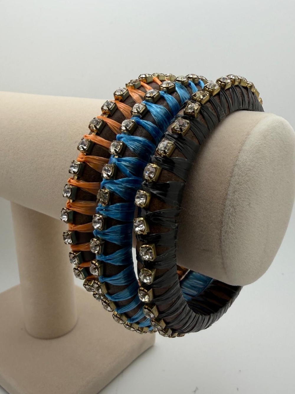 Colorful Wrapped Rhinestone Stackable Bracelet Set - Orange Blue Brown - Picture 3 of 5